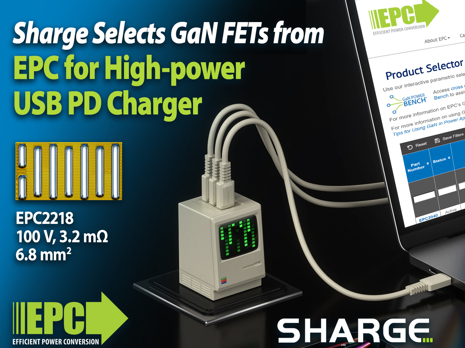 Sharge Selects GaN FETs from EPC for High-power USB PD Charger